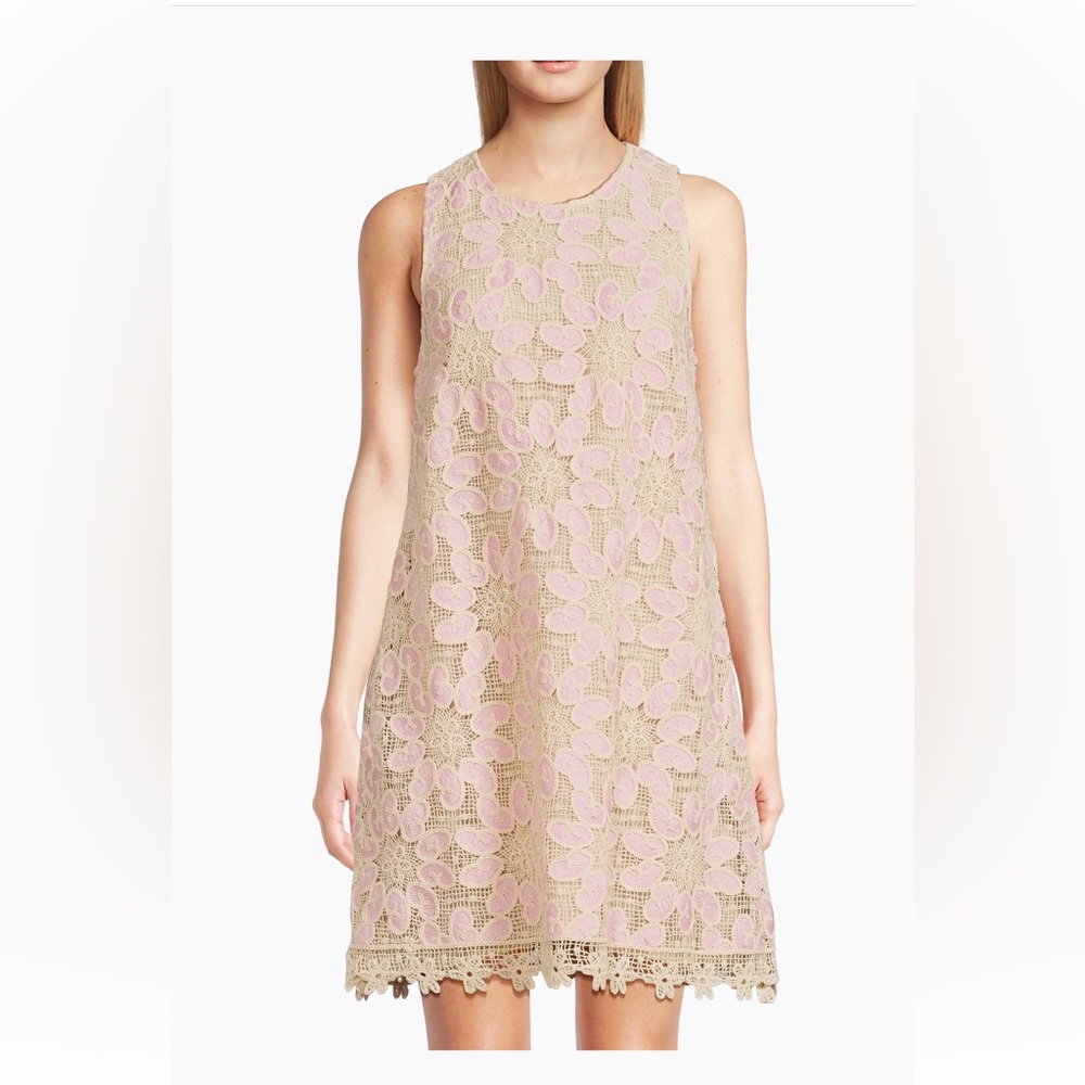NEW 🌸 Johnny Was Darcy Croched Shift Minidress Floral Lace Dress in Pink and Tan